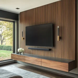 Media wall with hidden cables and clean, clutter-free wall design.