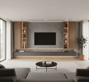 Minimalist media wall design featuring floating shelves, LED lighting, and a dedicated soundbar recess.