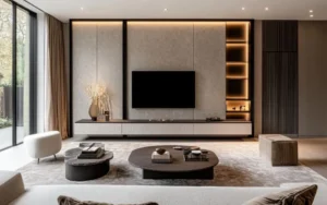 Comparison between traditional TV unit and built-in media wall highlighting clean design and cable management