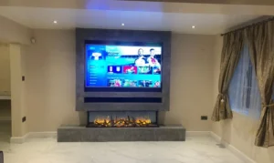 Modern soundbar media wall installation with sleek floating shelving and ambient lighting.