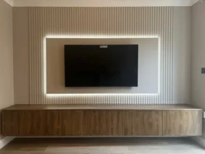 Architectural media wall design transforming a blank wall into a statement feature