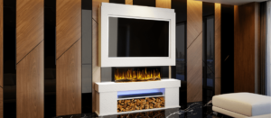 A professional installer working on a custom timber frame for a bespoke media wall in a British residential property.