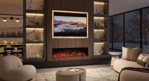 Modern luxury media wall design with integrated fireplace and 75-inch TV