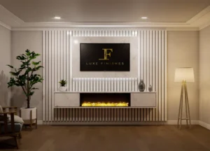 Close-up of a luxury media wall featuring acoustic wood slat panels and integrated LED strip lighting for a sophisticated interior finish.