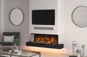 A massive 85-inch TV perfectly integrated into a wide-format media wall, demonstrating ideal proportions for large UK living rooms.