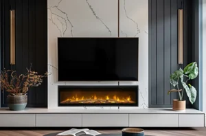 Modern luxury media wall UK featuring a 75 inch TV and electric fireplace in a contemporary living room