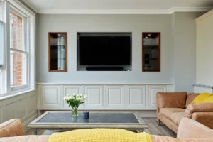 An open-plan UK home layout featuring a centralized media wall that serves as a beautiful focal point for the entire ground floor.