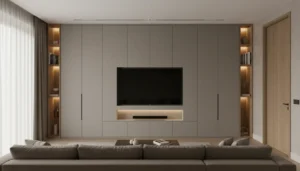 Modern media wall UK with sleek storage and hidden cables.
