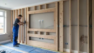 Media wall installation process showing timber framing and electrical wiring.