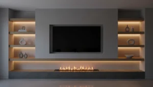 Modern media wall lighting ideas featuring LED strips and a built-in electric fireplace.
