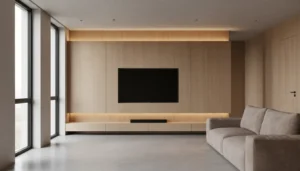 Modern living room with a bespoke media wall and 65 inch TV showing ideal viewing distance.