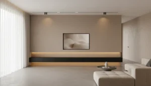 Modern floating cabinet media wall in a minimalist living room setting.