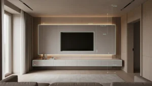 Modern living room interior featuring a custom media wall and neutral tones.