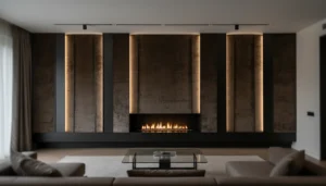 A floor-to-ceiling bronze velvet media wall with integrated fireplace forms a refined focal point in this modern luxury interior.