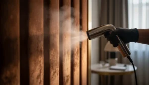 Steaming Bronze valvet panels to remove pressure marks and restore pile height.