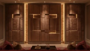 Luxury media wall installation featuring Bronze valvet panels and LED accents.