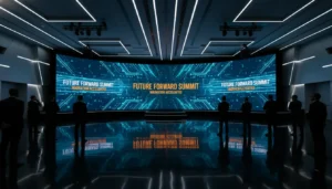 Curved LED digital media wall displaying vibrant corporate branding at a modern tech conference