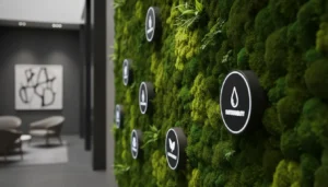 Interactive sustainable moss media wall with embedded digital LCD screens displaying eco-friendly messages