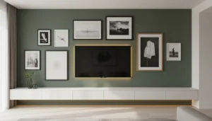 Gallery wall style simple media wall design with a TV surrounded by art frames on a sage green wall.