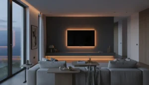 Contemporary floating media wall design with integrated lighting and 75-inch flat-screen TV